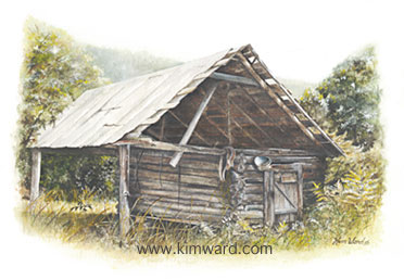 Country print of corn crib